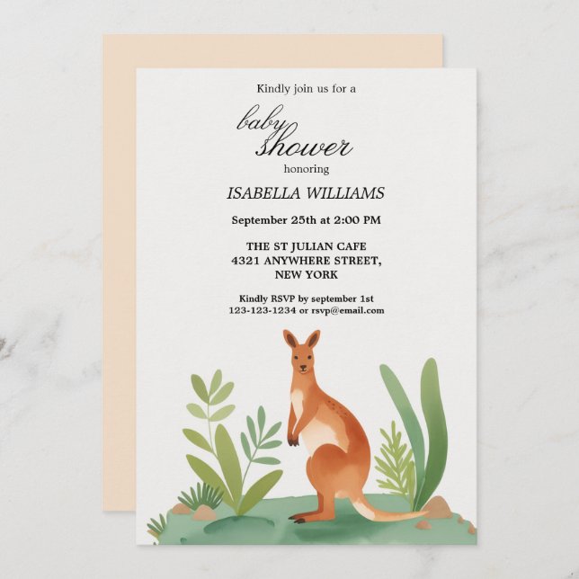 Cute Little Watercolor Kangaroo Baby Shower  Invitation (Front/Back)