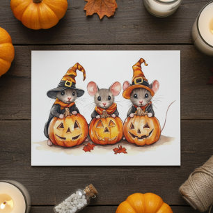 Cute little Watercolor Mice Halloween Pumpkins Holiday Card
