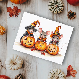 Cute little Watercolor Mice Halloween Pumpkins Postcard