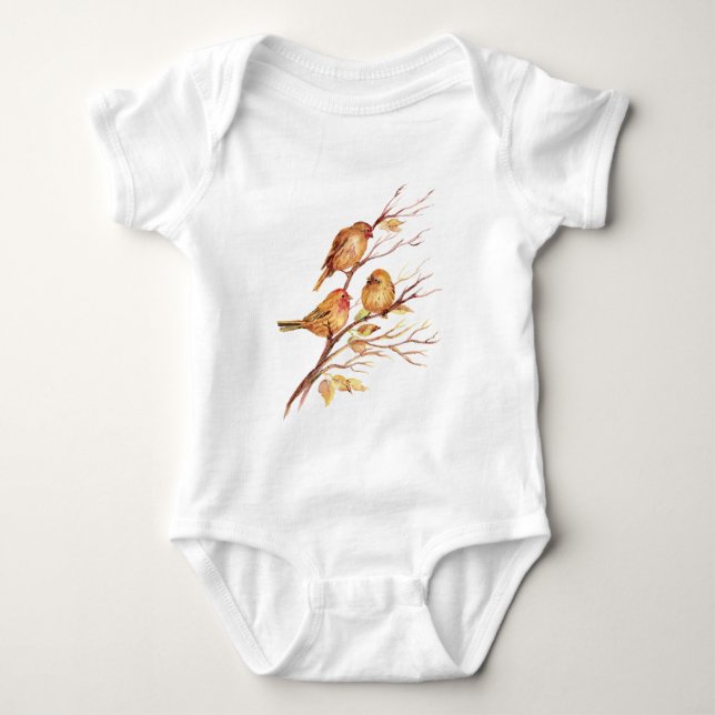 Cute Little Watercolor Sparrow Garden Birds Baby Bodysuit (Front)