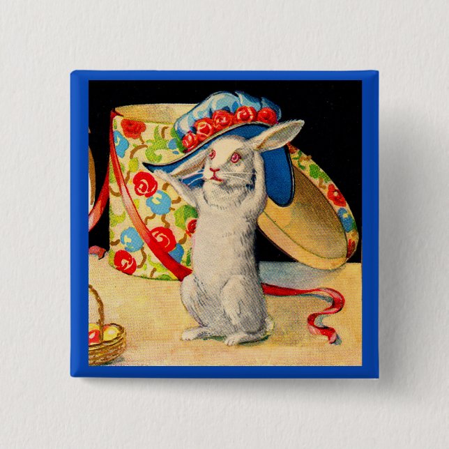 cute little white bunny wearing big hat 15 cm square badge (Front)
