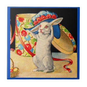 cute little white bunny wearing big hat ceramic tile