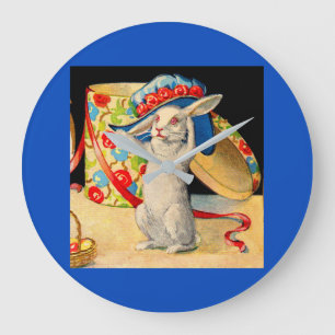 cute little white bunny wearing big hat large clock