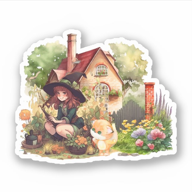 Cute Little Witch And Fox | Sticker (Front)