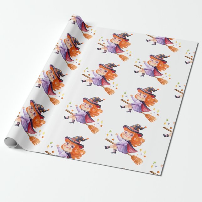 Cute little witch flying on a broomstick wrapping paper (Unrolled)