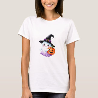 Cute Little Witch Flying on Broom Happy Halloween  T-Shirt