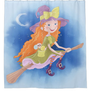 Cute Little Witch Girl Flying On A Broom Shower Curtain