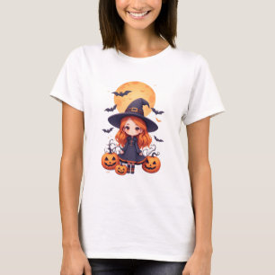 Cute Little Witch Girl With Pumpkins and Bats T-Shirt