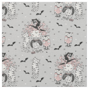 Cute Little Witch Girls With Bats Cats and Owls Fabric