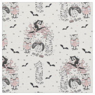 Cute Little Witch Girls With Bats Cats and Owls Fabric