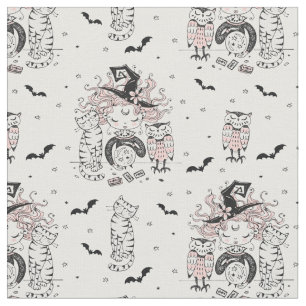 Cute Little Witch Girls With Bats Cats and Owls Fabric