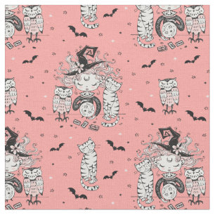 Cute Little Witch Girls With Bats Cats and Owls Fabric