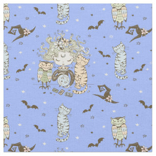 Cute Little Witch Girls With Bats Cats and Owls Fabric