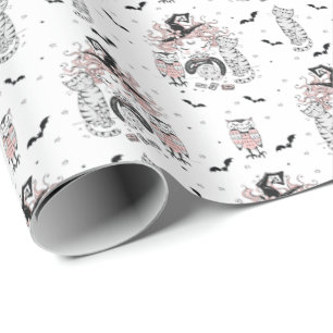 Cute Little Witch Girls With Bats Cats and Owls Wrapping Paper