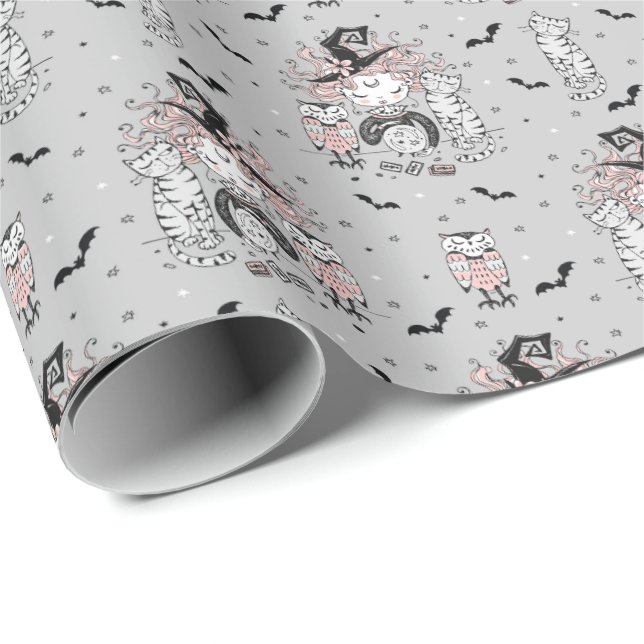 Cute Little Witch Girls With Bats Cats and Owls Wrapping Paper (Roll Corner)