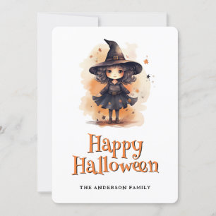 Cute Little Witch In A Hat Happy Halloween Card