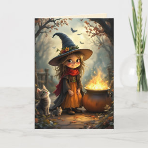 Cute little witch in forest with witch's cauldron holiday card