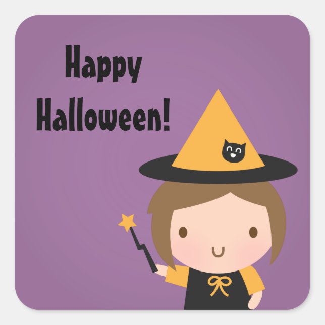 Cute Little Witch Kids Halloween Party Favours Square Sticker (Front)
