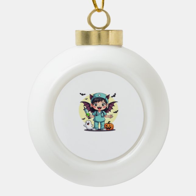 Cute little witch nurse Halloween Premium T-Shirt Ceramic Ball Christmas Ornament (Front)
