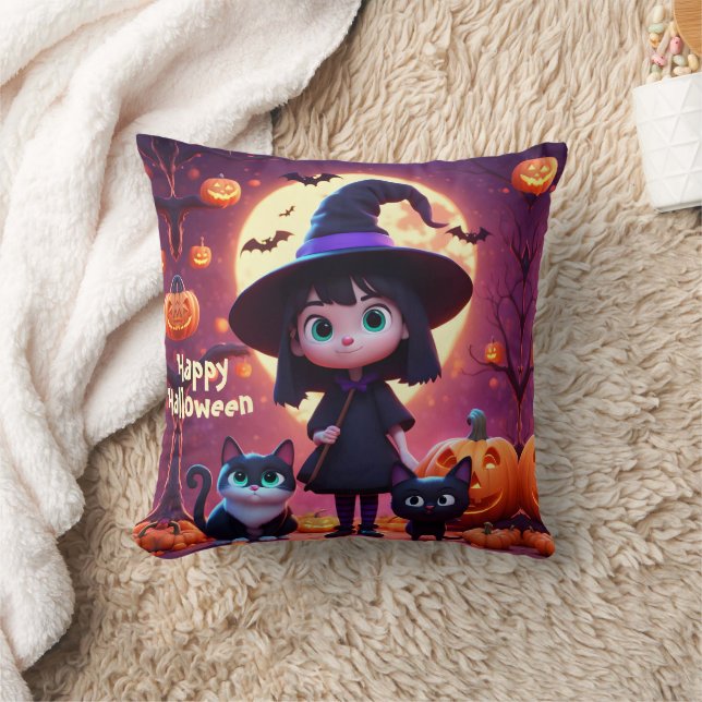 Cute little witch with cats and pumpkins, custom  cushion (Blanket)