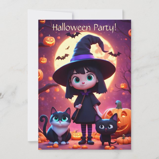 Cute little witch with cats and pumpkins, custom  invitation (Front)