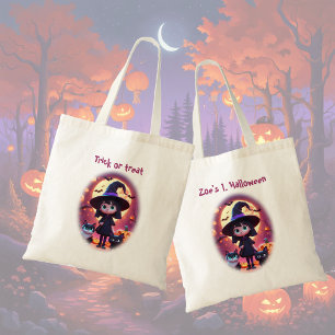 Cute little witch with cats and pumpkins, custom tote bag