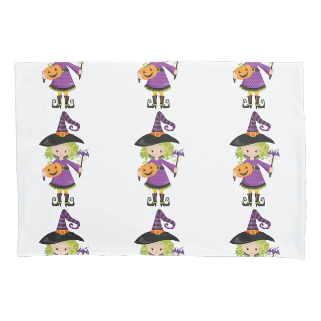 Cute Little Witch with Pumpkin Pillowcase (Front)