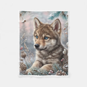 Cute Little Wolf In Winter Forest Landscape Fleece Blanket