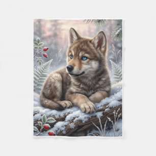 Cute Little Wolf Pup In Snow Fleece Blanket