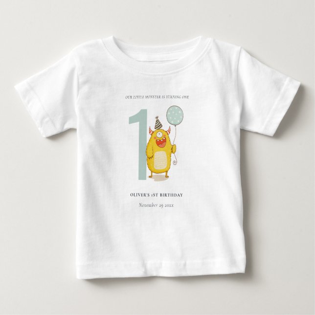 Cute Little Yellow Aqua Monster Any Age Birthday Baby T-Shirt (Front)