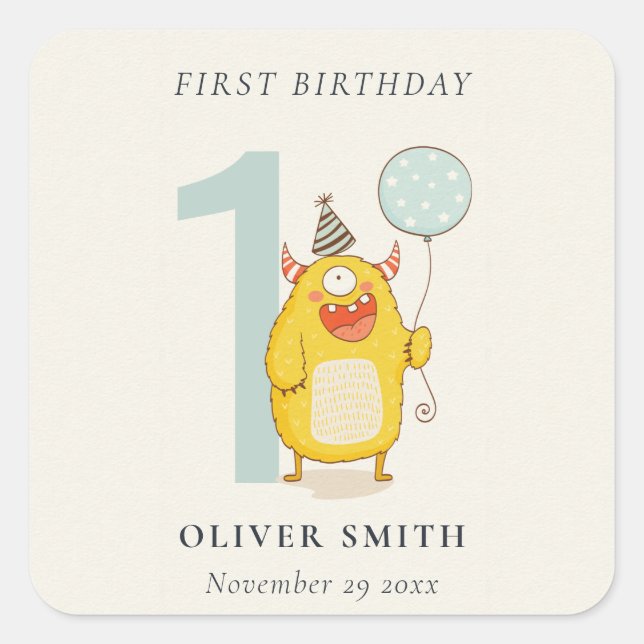 Cute Little Yellow Aqua Monster Any Age Birthday Square Sticker (Front)