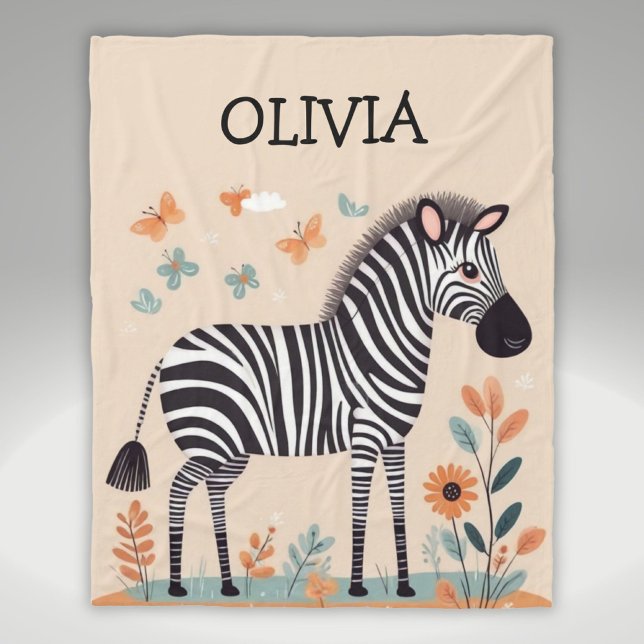 Cute Little Zebra with Flowers and Butterflies Fleece Blanket (Creator Uploaded)