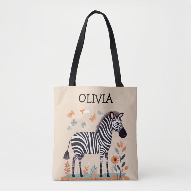 Cute Little Zebra with Flowers and Butterflies Tote Bag (Front)