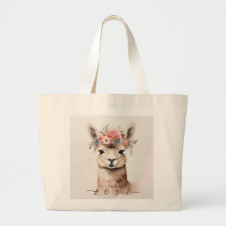 Cute Llama Alpaca and Flower say Love  Large Tote Bag