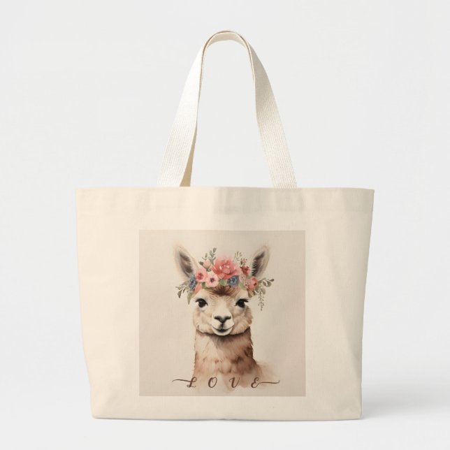 Cute Llama Alpaca and Flower say Love  Large Tote Bag (Front)