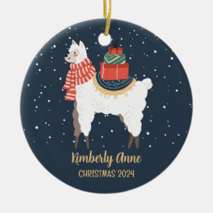 Cute Llama Alpaca Christmas Snowy Winter Holiday Ceramic Ornament
