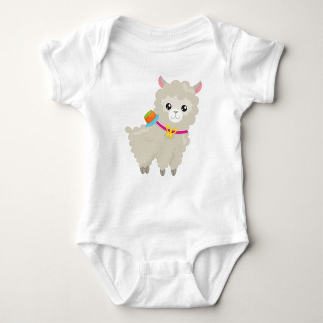 Cute Llama, Alpaca, Little Llama, Llama With Hat  Baby Bodysuit (Front)