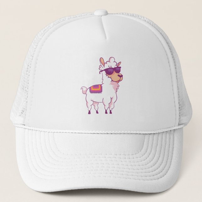 Cute Llama Alpaca wearing Sunglasses Trucker Hat (Front)