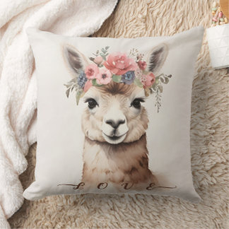 Cute Llama Alpaca with Floral say Love  Cushion