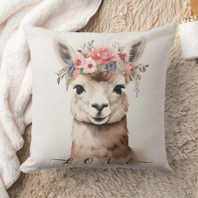 Cute Llama Alpaca with Floral say Love  Cushion (Blanket)