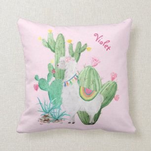 Cute Llama and Cactus Scene - Personalised Pink Cushion