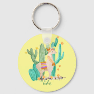 Cute Llama and Cactus with Flowers - Yellow Key Ring