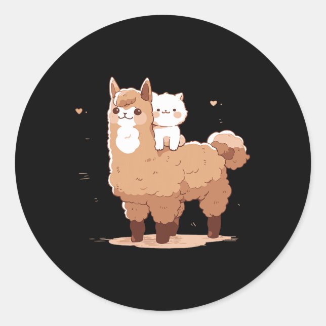 Cute Llama And Cat  Classic Round Sticker (Front)