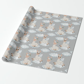 Cute llama animal alpaca flowers clouds wrapping paper