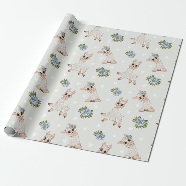 Cute llama animal alpaca flowers wrapping paper (Unrolled)