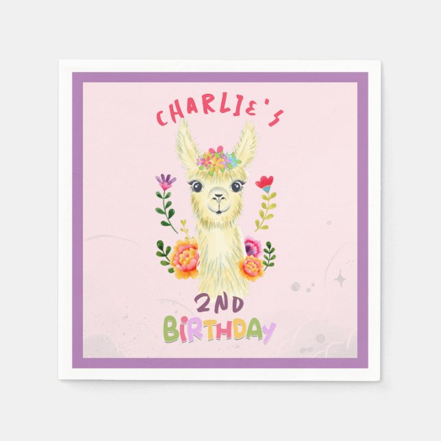 Cute Llama Animal Birthday Party Colorful Mexican Napkin (Front)