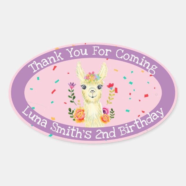 Cute Llama Animal Birthday Party Colourful Mexican Oval Sticker (Front)