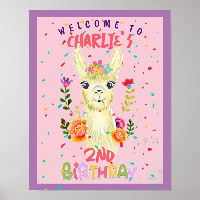 Cute Llama Animal Birthday Party Colourful Mexican Poster (Front)