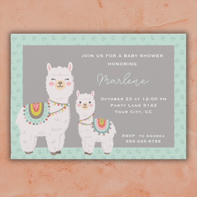 Cute llama aqua and grey baby shower invitation (Creator Uploaded)