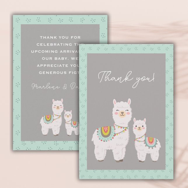 Cute llama aqua and grey baby shower thank you card (Creator Uploaded)